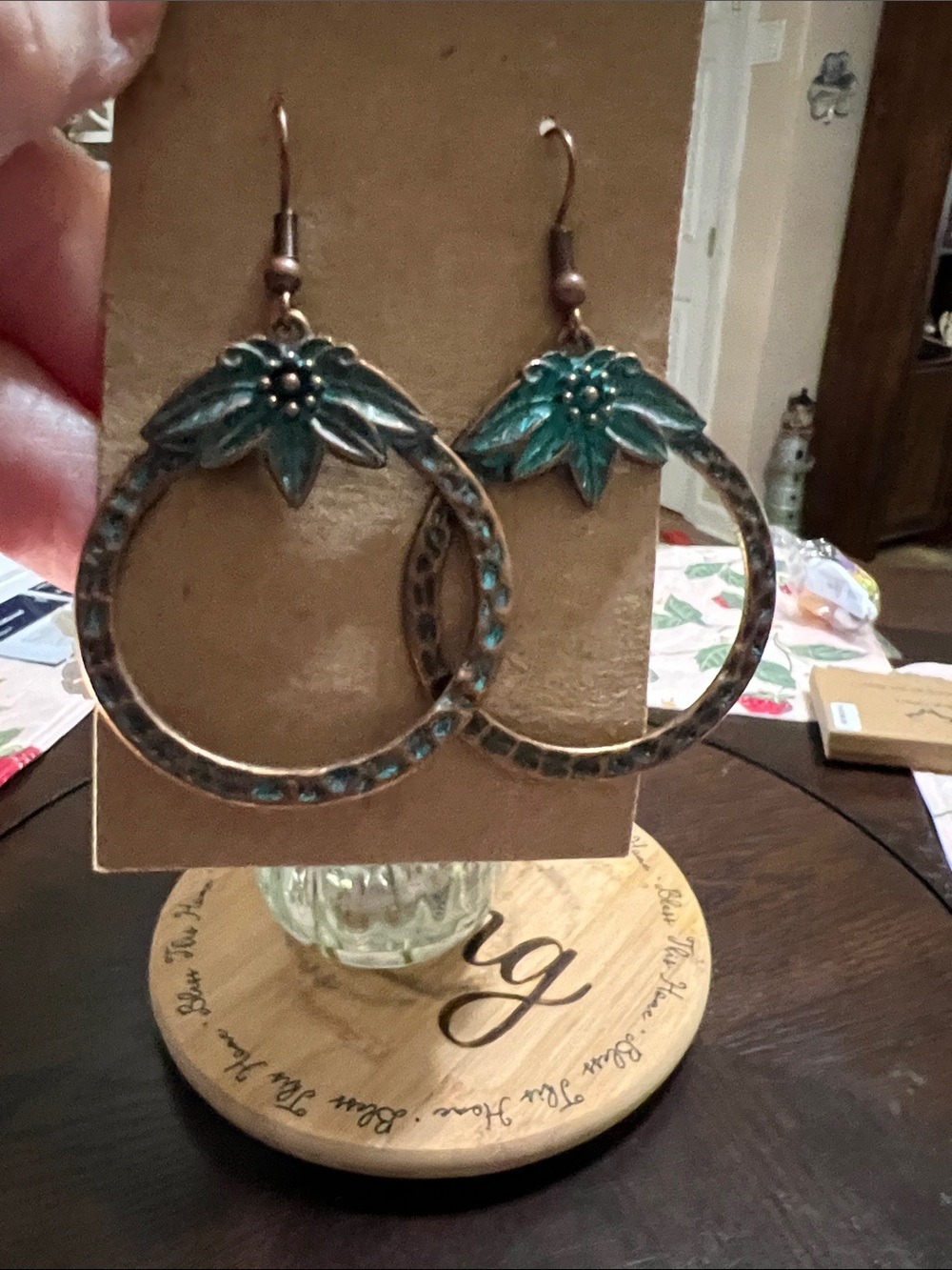 New Boho Floral Hoop Earrings in Patina Green - Women Jewelry